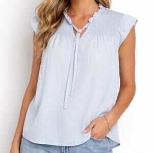 For The Republic Sky Blue Peasant Top Tie Front Blouse Size Large